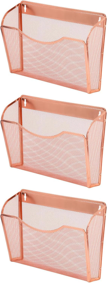 EASEPRES 3 Single Pocket Mesh Hanging File Organizer, Vertical Wall Mounted Magazine File Holder, Mount Basket Mail Paper Document Folder Organizing for Office, Home and School, Rose Gold