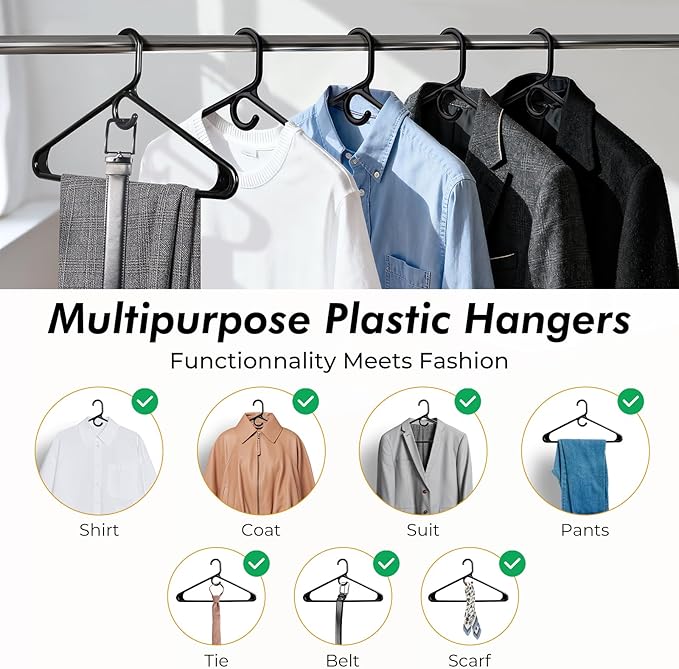 HOUSE DAY Quality Plastic Clothes Hangers 24 Pack – Super Heavy Duty 20lb Capacity Thick Strong Closet Hangers Black for Adult Clothing – Durable for Coats, Jackets, Jeans, Pants