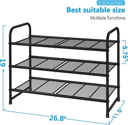 Simple Trending 3-Tier Stackable Shoe Rack, Expandable & Adjustable Shoe Shelf Storage Organizer, Wire Grid, Black