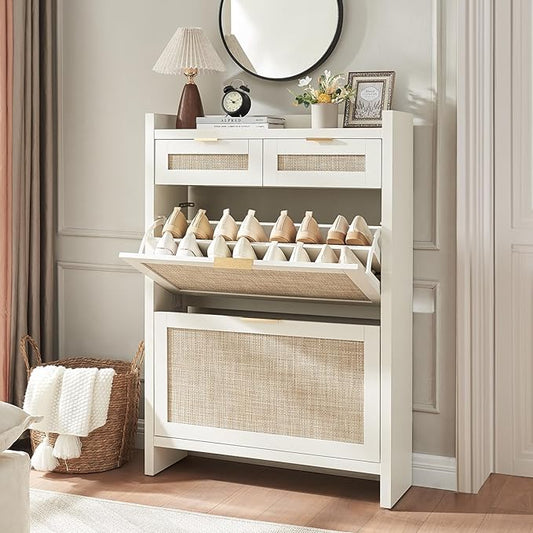 HOKYHOKY Rattan Shoe Storage Cabinet with 2 Drawers & 2 Flip Drawers – Hidden Slim Shoe Organizer for Entryway, Large Tabletop Space, Farmhouse Boho Narrow Shoe Rack, Rustic White