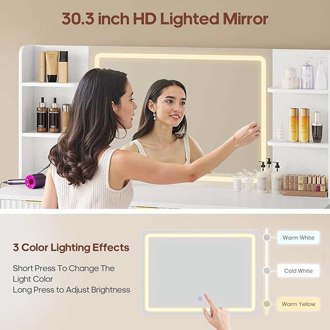 51.2" Fluted Makeup Vanity Desk with Large 30.3" Mirror and Lights, 5 Drawer Vanity with Power Strip, 6 Open Shelves, 2 Cabinet，Modern Dressing Table with Solid Wood Legs for Bedroom, White