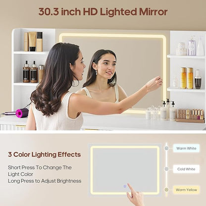 51.2" Fluted Makeup Vanity Desk with Large 30.3" Mirror and Lights, 5 Drawer Vanity with Power Strip, 6 Open Shelves, 2 Cabinet，Modern Dressing Table with Solid Wood Legs for Bedroom, White