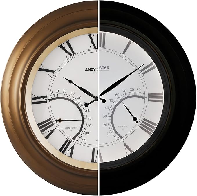 ANDY STAR 24 Inch Outdoor Clocks Waterproof,Large Outdoor Wall Clocks for Patio with Thermometer Combo, Silent Weatherproof Illuminated Metal Clock Battery Operated with Thermometer&Hygrometer, Bronze