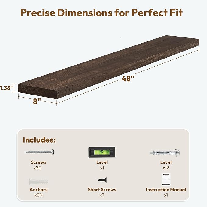 Vivelove Elm Wood Floating Shelves, Wooden Shelves For Wall With Invisible Bracket For Living Room Bedroom Bathroom Office Book, Rustic Farmhouse Decor Storage & Display, 48 Inch Set Of 1- Dark Walnut