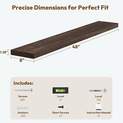Vivelove Elm Wood Floating Shelves, Wooden Shelves For Wall With Invisible Bracket For Living Room Bedroom Bathroom Office Book, Rustic Farmhouse Decor Storage & Display, 48 Inch Set Of 1- Dark Walnut