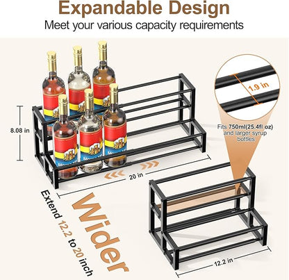 Expandable Coffee Syrup Organizer, Heavy Duty Syrup Rack Enlarged 6-12 Bottles Syrup Stand for Coffee Bar Accessories, Width Adjustable Space-Saving Storage Coffee Rack for Syrup, Wine