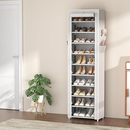 VTRIN Vertical Narrow Shoe Rack Organizer Tall Shoe Rack for Closet Entryway 10 Tier Non-Woven Cover Shoe Shelf Holds 20-22 Pairs Free Standing Shoe Storage Cabinet with Dustproof Cover, Multi Color