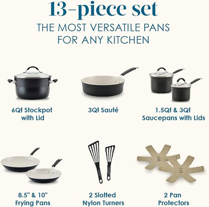 Rachael Ray Cucina Ceramic Cookware Set - 13 Pieces - Ceramic Pots and Pans Set w/Nonstick Frying Pans, Saute Pan, Saucepans, Stockpot, Lids, Pan Protectors - Peppercorn