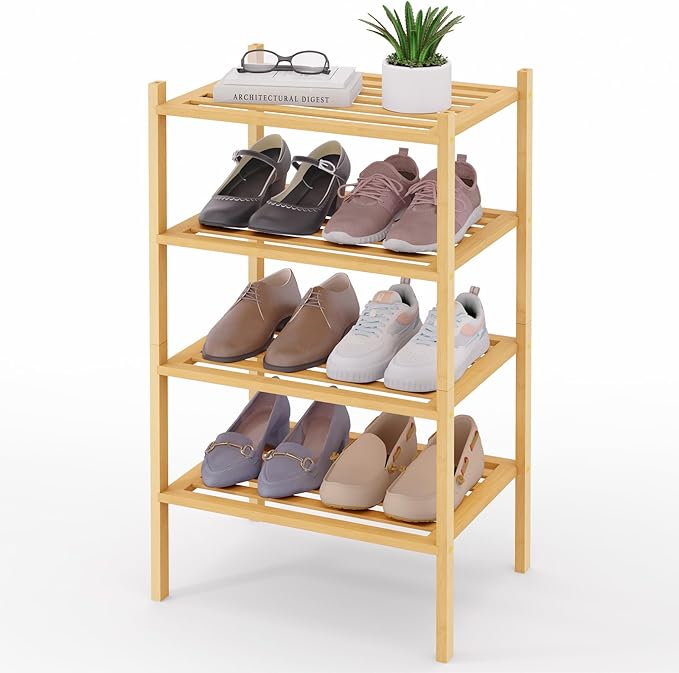 Smiry Small Bamboo Shoe Rack 4-Tier, Stackable Wooden Shoe Organizer for Entryway & Closet, Free Standing Wood Shoe Storage Shelf for Front Door & Small Spaces, Natural