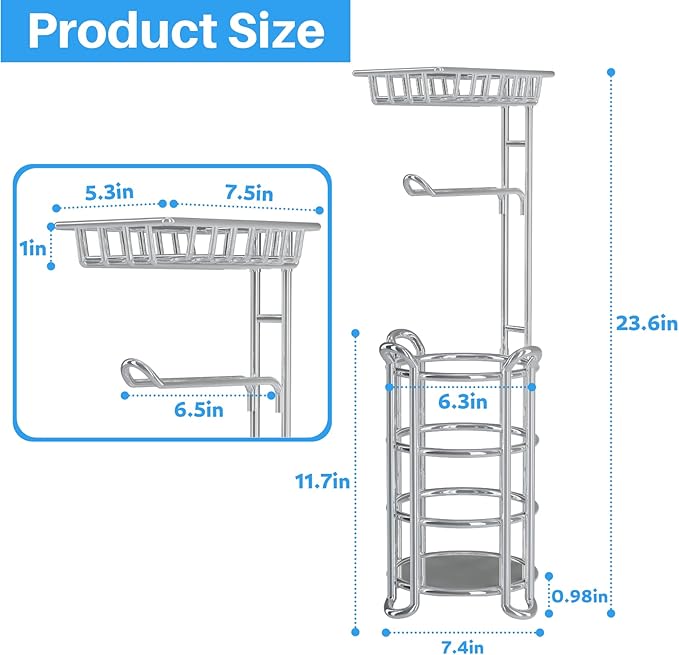 Toilet Paper Holder Stand with Shelf for Phone, Bathroom Free Standing Tissue Roll Storage Rack with Dispenser for 4 Mega Rolls, Chrome