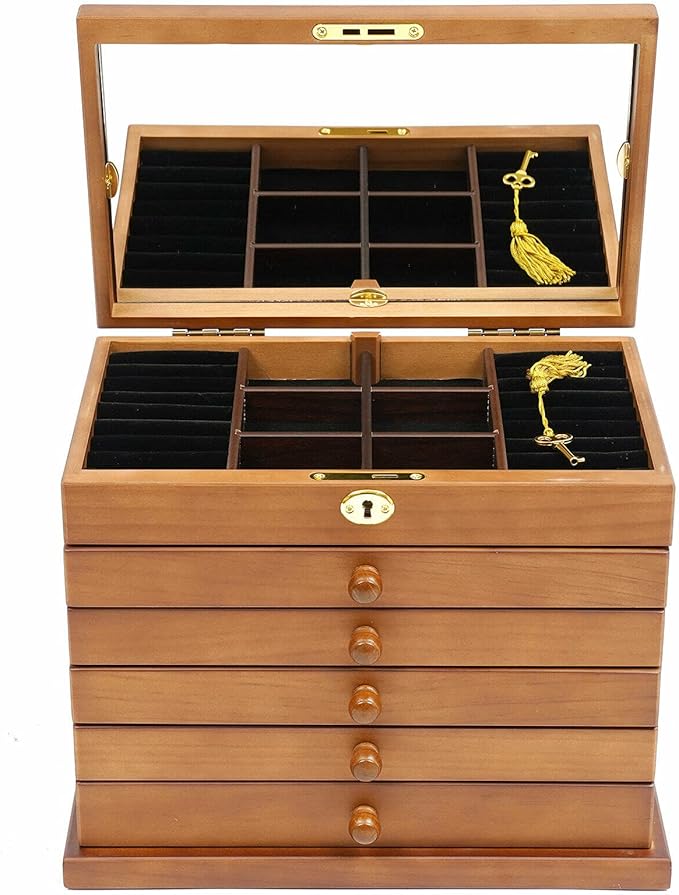6-layer Jewelry Box Organizer with Lock and Mirror, Wooden Jewelry Boxes & Organizers,Jewelry Storage for Rings Earrings Necklaces Bracelets Christmas New Year Gifts