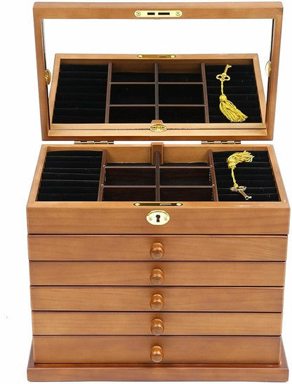 6-layer Jewelry Box Organizer with Lock and Mirror, Wooden Jewelry Boxes & Organizers,Jewelry Storage for Rings Earrings Necklaces Bracelets Christmas New Year Gifts
