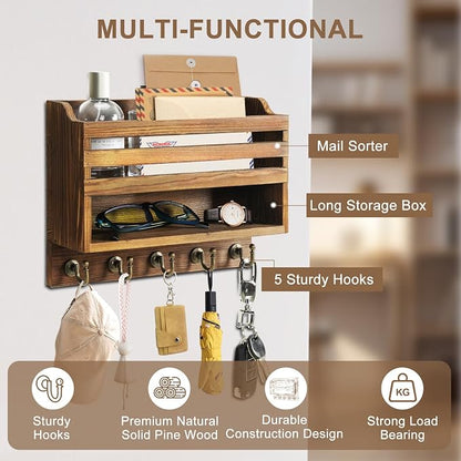 Mail and Key Organizer for Wall – Key Holder Wall Mount with Storage Box and 5 Key Hooks, Mail Holder Wall Mounted for Entryway, Apartment, Office, Home Decor Organization (Brown)