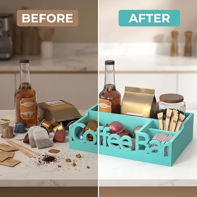 Coffee Bar Organizer for Countertop - Wood Coffee Pods Holder Storage Basket, Essential Coffee Bar Accessories for Home and Office, Condiment Station, Mini Coffee Bar