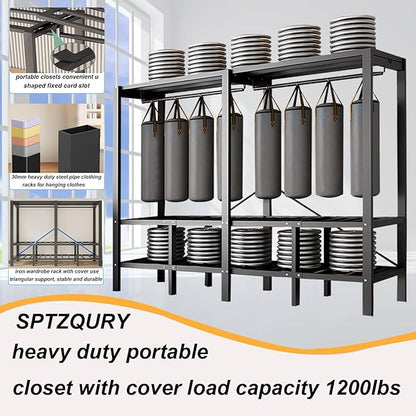 74.8in Heavy Duty Clothe Rack with Cover Foldable Portable Wardrobe Closets for Hanging Clothes 1200lbs Storage Organizer Folding Clothing Rack Freestanding Metal Garment Rack (black, 74.8in/190cm)