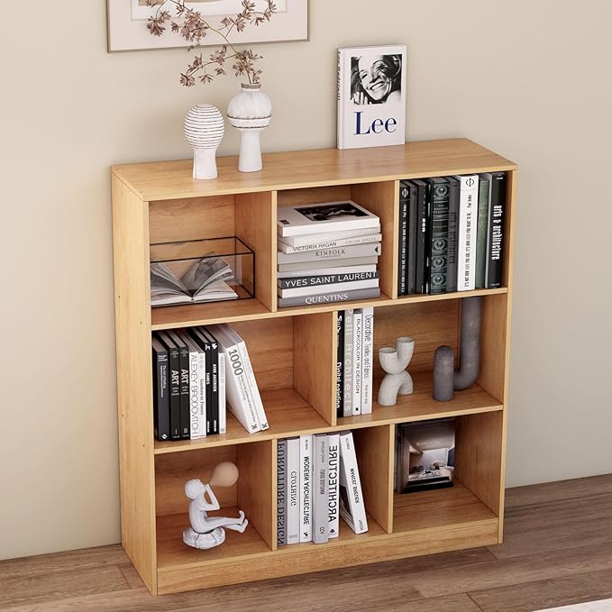 8-Cube Wooden Bookshelf with Base,3-Tier Freestanding Open Storage Organizer,Multi-Functional Bookcase for Living Room,Bedroom,Study and Office (Oak, 8-Cube)