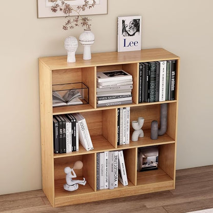 8-Cube Wooden Bookshelf with Base,3-Tier Freestanding Open Storage Organizer,Multi-Functional Bookcase for Living Room,Bedroom,Study and Office (Oak, 8-Cube)