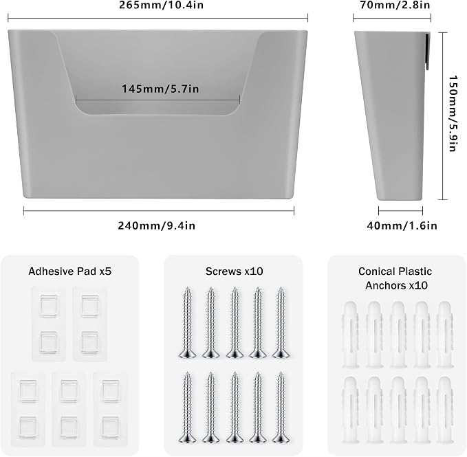 JOMOLA No Drilling File Holder 5 Pack Mail Organizer Wall Mount File Organizer Holder Office Wall Hanging Files Magazines Organizer Plastic Door Mount Wall Pocket with Adhesive Pad, Grey Color