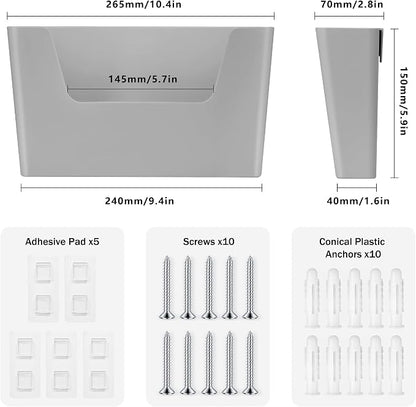 JOMOLA No Drilling File Holder 5 Pack Mail Organizer Wall Mount File Organizer Holder Office Wall Hanging Files Magazines Organizer Plastic Door Mount Wall Pocket with Adhesive Pad, Grey Color