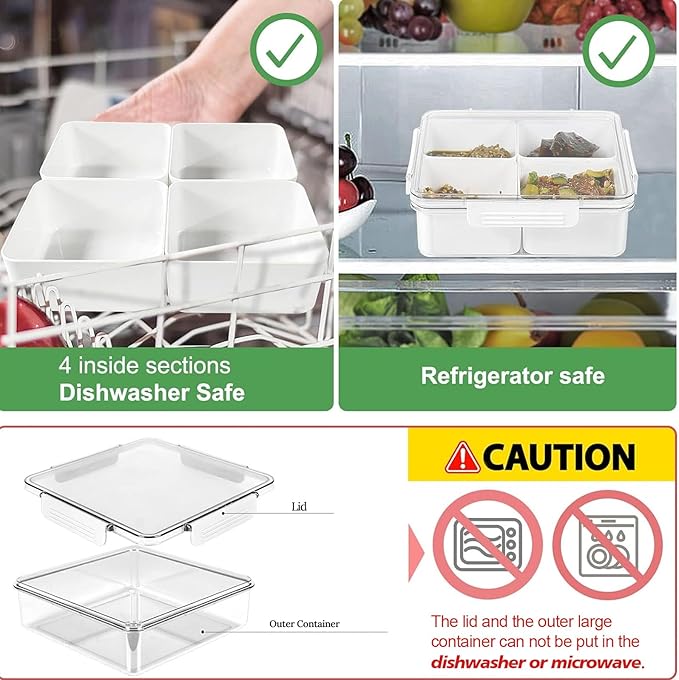 Divided Serving Tray with Lid, Removable Divided Platter Snack Box, Food Storage Charcuterie Containers with 4 Compartments for Christmas Party, Veggies, Snack, Fruit, Nuts, Candy, Cracker, Chip