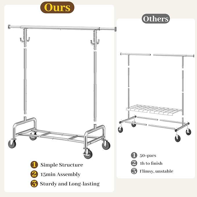 Raybee Heavy Duty Clothes Rack 75" Extra Wide, 450 LBS Clothing Rack with 4 Hooks, Lockable Wheels, Metal Garment Rack for Bedroom, Laundry Room, Commercial