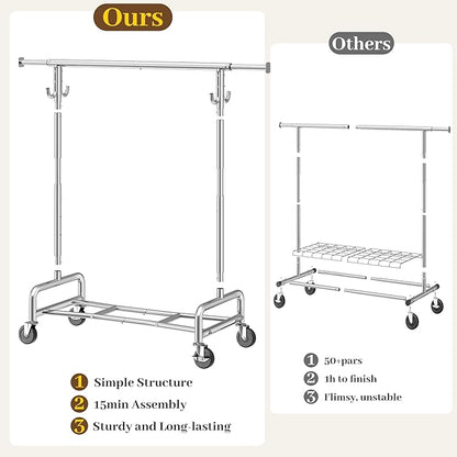 Raybee Heavy Duty Clothes Rack 75" Extra Wide, 450 LBS Clothing Rack with 4 Hooks, Lockable Wheels, Metal Garment Rack for Bedroom, Laundry Room, Commercial
