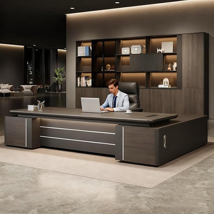 L-Shaped Executive Desk – Modern Executive Desk with Drawers, and Storage, Sturdy Wood & Metal Construction, Aluminum Inlaid Surface for Home & Office Workstation (B-Left, L 200cm/78.7in)