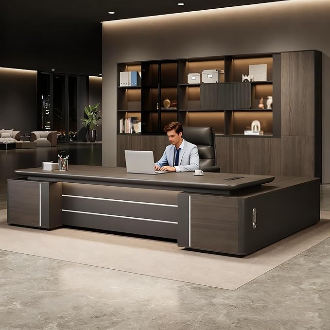 L-Shaped Executive Desk – Modern Executive Desk with Drawers, and Storage, Sturdy Wood & Metal Construction, Aluminum Inlaid Surface for Home & Office Workstation (B-Left, L180cm/70.8in)