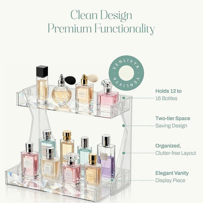 Perfume Organizer for Vanity, Premium Clear Acrylic Makeup Organizer Countertop with Non-Slip Trays, Easy 30-Second Assembly, Holds 12–16 Bottles for Bathroom & Dresser (Crystal Clear)