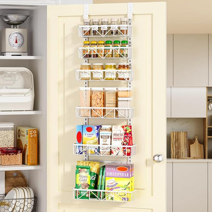 Delamu White Narrow 6-Tier Over the Door Pantry Organizer, Adjustable Metal Hanging Spice Rack, Cabinet Door Organizer for Kitchen, Bathroom, Laundry Room, 12.5