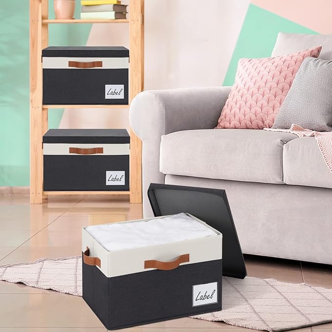 GhvyenntteS Large Storage Bins with Lids (3 Pack), Storage Baskets with Lid and Label Window, Foldable Fabric Storage Boxes with 3 Handles for Home Office College Dorms (Black, 15" x 11" x 9.7")