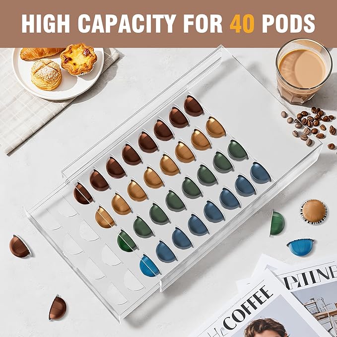 Jumyee Acrylic Coffee Pod Holder Storage Drawer, Clear 40 Pods Coffee Capsule Organizer for Countertop, Pod Holder for Coffee Pod and Espresso Machines