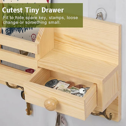 Key Holder Wall Mount, Wooden Adhesive Mail and Key Organizer with Drawer, Small Shelf, 8 Hooks, 2 Installation Methods, Natural