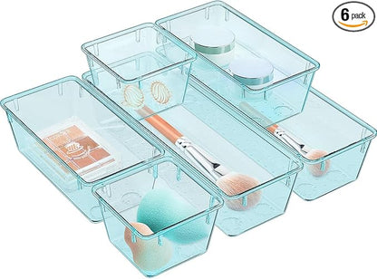 WOWBOX 6 Pack Clear Drawer Organizer Set, Acrylic Drawer Storage Trays, Storage Bins for Makeup, Cosmetics, Jewelries, Utensils, Gadgets, Office, Sea Blue