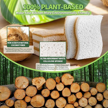 Sponges Kitchen Natural Dish Sponge Plant-Based Biodegradable Compostable Cellulose with Coconut Scrubber Sponge Non Scratch Eco Friendly Kitchen sponges for Kitchen Dishes（Pack of 6）