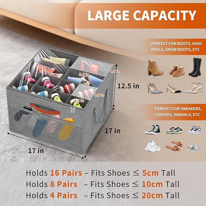 Aokeyee Shoe Organizer for Closet, 2 Pack Foldable Shoe Storage Organizer Box w/Clear Cover and 4 Reinforced Handles, Space Saving Shoes Bin Fits up to 16-32 Pairs, Grey