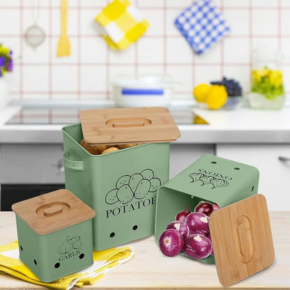 Kitchen Canisters Set, Storage Bin for Potato Onion & Garlic, 3 Pack Set Countertop Pots Containers with Wooden Lid - Potato Storage, Garlic Bin, Onion Keeper Tin with Aerating Holes-Green