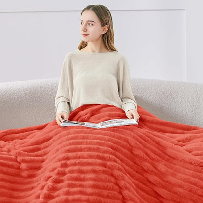 BEDELITE Fleece Throw Blanket for Couch - 300GSM Soft & Warm Fluffy Coral Red Blanket, Decorative and Giftable Striped Blankets for Women, Men, 50"x60"