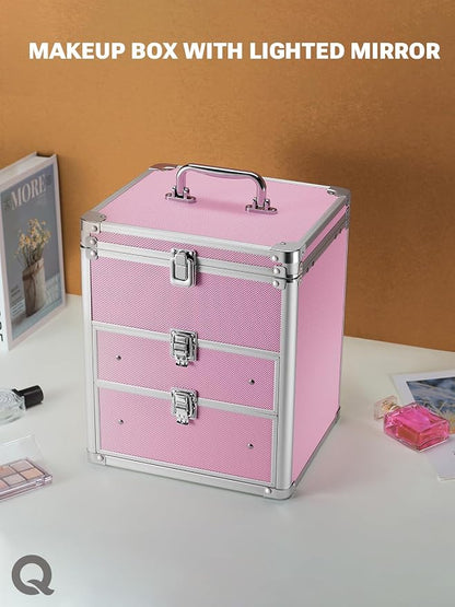 Qislee Makeup Box with Double Drawers and A Detachable Lighted Mirror, Waterproof Travel Train Case, Cosmetic Organizer and Makeup Suitcase with Adjustable Dividers, Magnetic LED Mirror (ICY Pink)