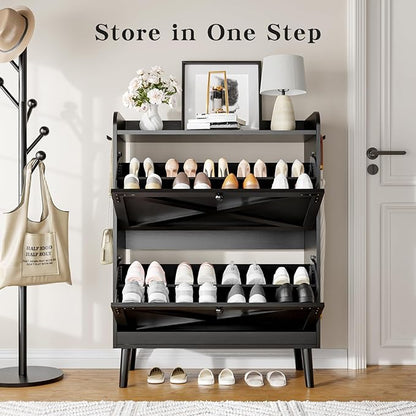Shoe Storage Cabinet with 2 Flip Drawers & Adjustable Shelves,Freestanding Shoe Cabinet Storage with Side Hooks Narrow Shoe Rack Cabinet for Entryway,Hallway,Rustic Black