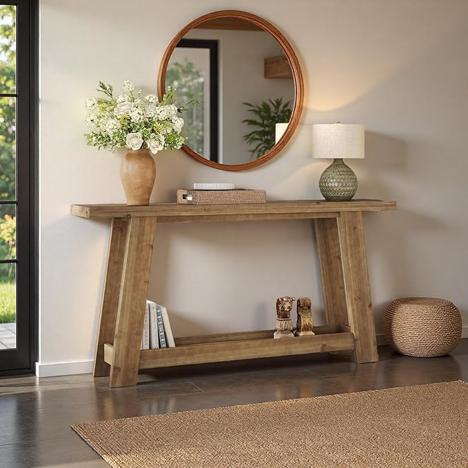 63-Inch Solid Wood Console Table, Farmhouse Entryway Table with 2-Tier Shelf, Narrow Sofa Table Behind Couch for Living Room, Hallway, Foyer