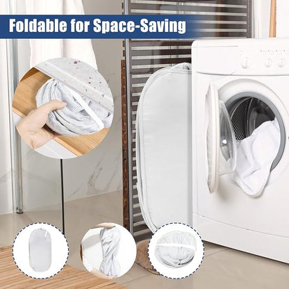 Collapsible Laundry Baskets, Upgrade Pop Up Laundry Hamper with Convenient Bags, Foldable Laundry Basket Mesh Light Weight, Easy to Carry Clothes Hampers for Laundry, Dorm, Toys, Travel White