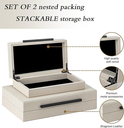 Set of 2 Beige Shagreen Decorative Storage Boxes with Black Metal Handles – Faux Leather Jewelry & Memory Boxes, Nesting Photo Organizers for Home Decor