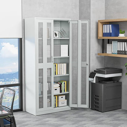 VINGLI Metal Garage Storage Cabinet with 2 Mesh Doors, Locking Steel Display Cabinet with Pegboards and 4 Adjustable Shelves, Ideal for Garage, Office, Pantry, Workshop(Gray, 32''W x 16''D x 71''H)