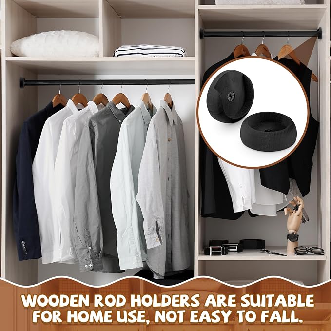 Yookeer 4 Pack Wooden Closet Pole Sockets 1-3/8" Closet Rod Holders Pole Holders for Wardrobe Hallway Bathroom Curtain Clothing Store(Black)