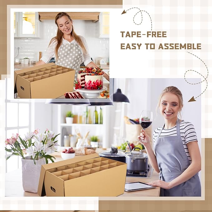 4 Pack Wine Glass Moving Boxes Kitchen Moving Boxes with Handle Kitchen Kit with Lid for Dish Glassware (Brown,24 x 12 x 11 Inches)