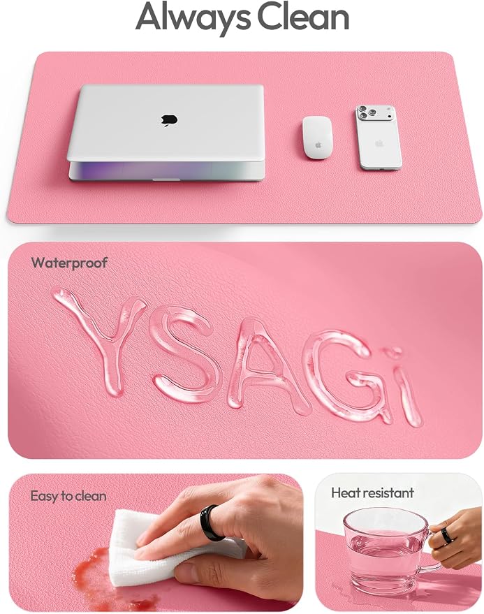 YSAGi Leather Desk Protector, Office Mat, Large Mouse Mat, Non-Slip PU Leather Blotter, Laptop Desk Mat, Waterproof Writing Pad for Office and Home(Pink, 40" x 24")