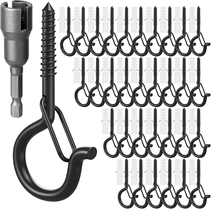 32Pcs Q-Hanger Hooks with Safety Buckle, Windproof Screw Hooks for Hanging Outdoor String Lights, Plants, Christmas Decorations, Includes Wing Nut Driver, Black