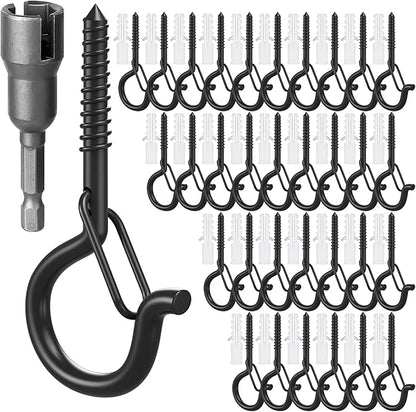 32Pcs Q-Hanger Hooks with Safety Buckle, Windproof Screw Hooks for Hanging Outdoor String Lights, Plants, Christmas Decorations, Includes Wing Nut Driver, Black