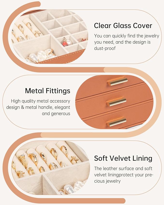 AKOZLIN Jewelry Box with Clear Lid Functional Leather Jewelry Storage Organizer Case 3 Drawers for Women Girls Necklace Ring Bracelet Earring